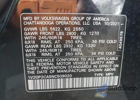 2022 Volkswagen Atlas 2.0T Se z USA, uszkodzony, nr VIN 1V2DP2CA5NC509020
